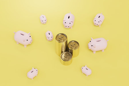 money in the piggy bank. piggy banks around stacks of coins dollar on a yellow background. 3D rendering.の写真素材