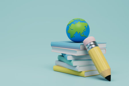 the study of the geography and features of the planet. a stack of books with a globe and a pencil. 3D rendering.の写真素材