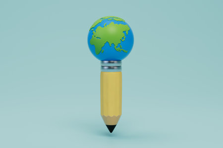 study of the planet. pencil with a planet on the tip on a blue background. 3D rendering.の写真素材