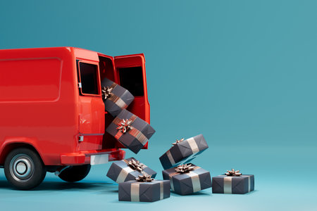 parcel delivery truck. a red truck from which gift boxes are poured on a turquoise background. 3D rendering.の写真素材