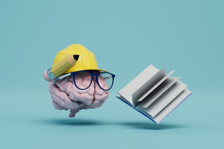 development of the construction project. a brain in glasses and in a construction helmet and a notebook. 3D rendering.の写真素材