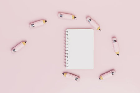 Write down new ideas in a notebook. pencils around the notebook on a pastel background. 3D rendering.の写真素材