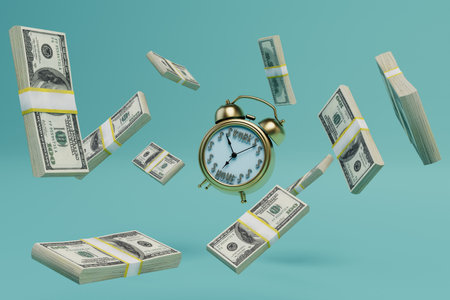 time for a good job. alarm clock and wads of dollars flying across the turquoise background. 3D...