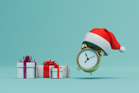 it's time to celebrate Christmas. an alarm clock in a New Year's red hat next to the gifts. 3D rendering.の写真素材