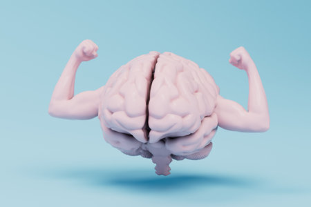 thoughts about sports. brain with muscles on the hands on a blue background. 3D rendering.の写真素材
