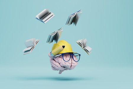 study of construction plans. a brain in a helmet, glasses and with a pencil next to flying books. 3D...