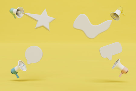 different forms of messages flying out of loudspeakers on a yellow background. copy paste, copy space. 3D rendering.の写真素材