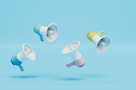 the concept of disclosure of important information. loudspeakers flying across the blue background. 3D rendering.の写真素材