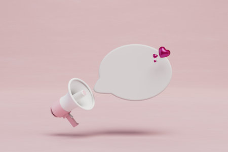 the concept of a declaration of love. a loudspeaker from which a cloud of messages and hearts flies out. 3D rendering.の写真素材