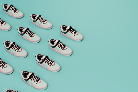 abstract background. sneaker patterns on a turquoise background. copy paste, copy space. 3D...