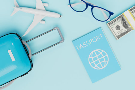 expensive flight by plane. plane, passport, glasses, luggage, money on a blue background. 3D rendering.の写真素材