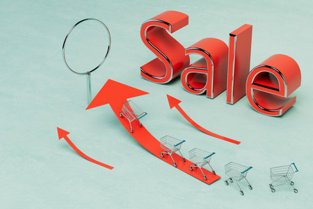 total sale. arrows and the inscription sale next to the carts for products and a magnifying glass. 3D rendering.の写真素材