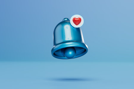 Notification of a new message. a blue bell with a heart on a blue background. 3D rendering.の写真素材