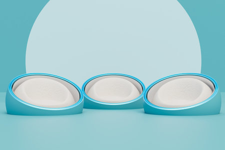 an abstract background on which soft chairs for rest and a round arch on a turquoise background. 3D rendering.の写真素材