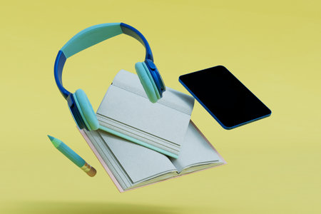 the concept of distance learning. books, pencil, tablet and headphones on a yellow background. 3D rendering.の写真素材