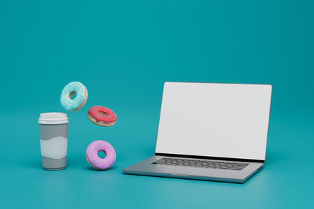 snack at the workplace. laptop, a glass of coffee and donuts on a turquoise background. 3D rendering.の写真素材
