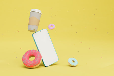 online payment for coffee and donuts. smartphone, a glass of coffee and donuts on a yellow background. 3D rendering.の写真素材