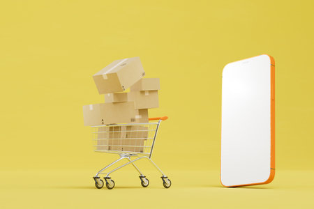 order parcel delivery online. smartphone and boxes with parcels in a shopping cart on a yellow background. 3D rendering.の写真素材