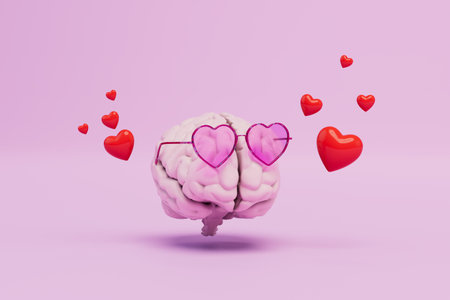 the concept of falling in love. brain in rose-colored glasses hearts around which hearts. 3D rendering.の写真素材