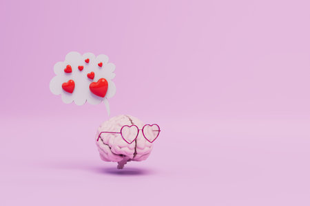 a declaration of love. a brain in rose-colored heart glasses and a cloud with hearts on a pastel...
