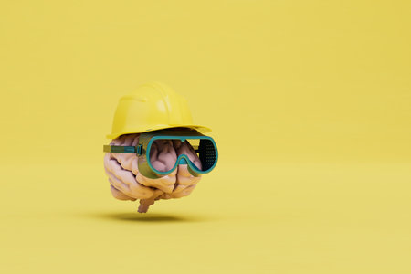 thoughts about the construction project. brain in a protective helmet and goggles. 3D rendering.の写真素材