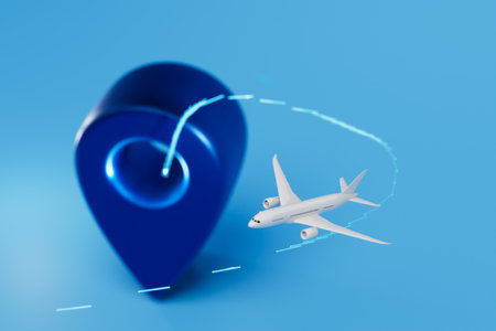 travel by plane. an aircraft flying on the specified path and a gps point on a blue background. 3D rendering.の写真素材