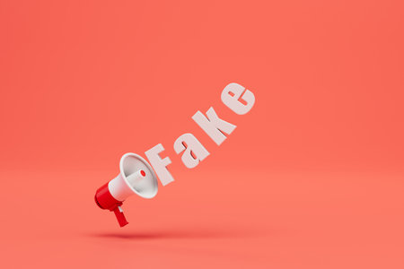announcement of fake news. gramophone and the inscription fake on a red background. 3D rendering.の写真素材