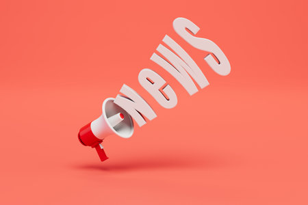 announcing important news to people. gramophone and the inscription of the news on a red background. 3D rendering.の写真素材