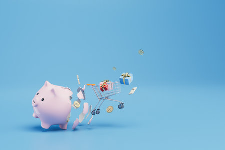 purchase of gifts with savings. a broken piggy bank with money and a cart with gifts. copy paste, copy space. 3D rendering.の写真素材