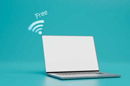Free WiFi connection. laptop and Wi-Fi icon with the inscription free on a turquoise background. 3D rendering.の写真素材