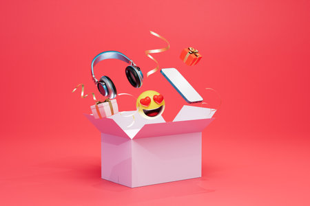 smartphone and headphones as a gift. box in which headphones, smartphone, emoticon and gift boxes....