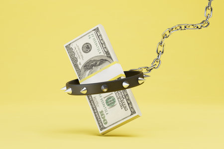 inability to spend money. a wad of dollars in a collar and on a metal chain on a yellow background. 3D rendering.の写真素材