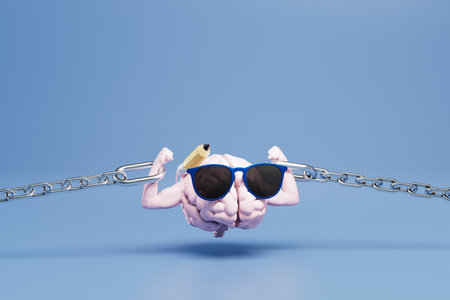 studying is more important than sports. brain with pumped hands in chains on a blue background. 3D rendering.の写真素材