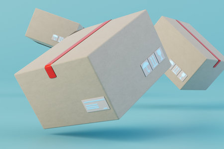the concept of parcel delivery. parcels with red tape flying on a blue background. 3D rendering.の写真素材