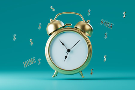 time to earn money. An alarm clock of gold color around which are dollar icons, words work and home....