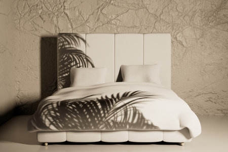 bed in the bedroom with a soft back and a bedspread with a pattern of palm branches. 3D rendering.の写真素材