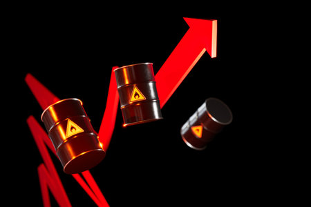 rising oil prices. barrels of oil and a red arrow pointing upwards on a black background. 3D...