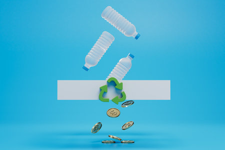 Earnings on the delivery of bottles for recycling. empty plastic bottles, coins and recycling icon. 3D rendering.の写真素材
