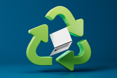 recycling of old equipment. Recycle icon and laptop on a blue background. 3D rendering.の写真素材