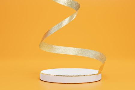 a round white podium for placing goods or text and a beautiful ribbon on an orange background. 3D rendering.の写真素材
