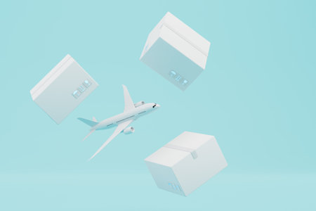 International delivery of parcels by plane. an airplane and parcels flying on a blue background. 3D rendering.の写真素材