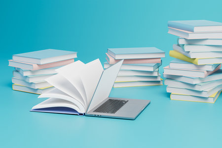 online learning at school or university. stacks of books and an open book with a laptop. 3D rendering.の写真素材