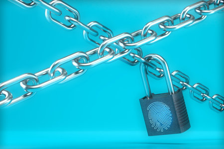 classified information. steel chains with padlock on which biometric fingerprint. 3D rendering.の写真素材