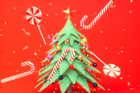 sweets for Christmas. a Christmas tree around which lollipops and confetti fly on a red background. 3D rendering.の写真素材