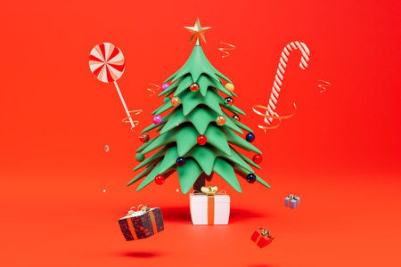 gifts for christmas. a Christmas tree under which boxes of gifts and lollipops on a red background. 3D rendering.の写真素材