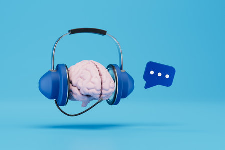 the concept of feedback. brain in headphones with microphone and message icon on a blue background....