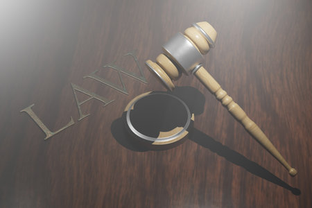 punishment for breaking the law. court hammer with a stand on a brown background with the inscription law. 3D rendering.の写真素材