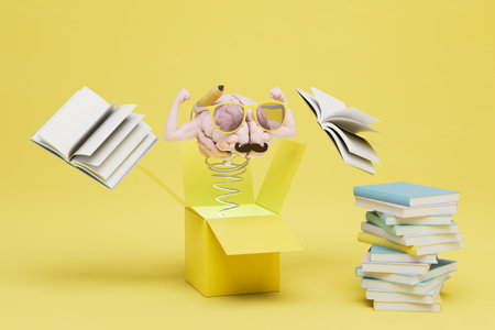 the brain is on a spring in an open box around which the books are on a yellow background. 3D rendering.の写真素材