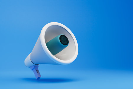 disclosure of important information. loudspeaker on a blue background. copy paste, copy space. 3D rendering.の写真素材
