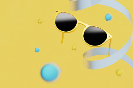sunglasses in a yellow frame on a yellow background with balls and a ribbon. 3D rendering.